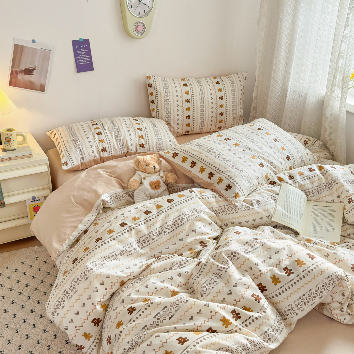 全棉印花四件套AB版小清新40支纯棉斜纹卡通风简约可爱床单床笠款