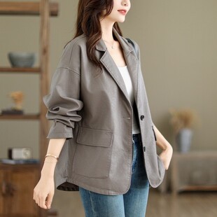 双口袋夹克潮 外套女黑色大码 2026年春秋新款 休闲宽松PU皮皮衣西装