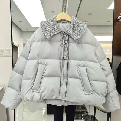 时尚针织翻领拼接90白鸭绒羽绒服女短款灰色冬季洋气时髦保暖外套