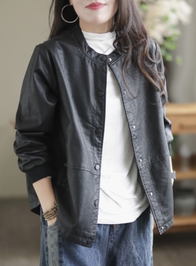 春秋小个子黑色pu皮皮衣外套女宽松显瘦休闲时尚洋气短款夹克上衣