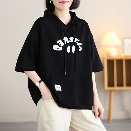 薄款文艺字母印花五分袖T恤上衣女2024年夏季新款抽绳连帽子卫衣