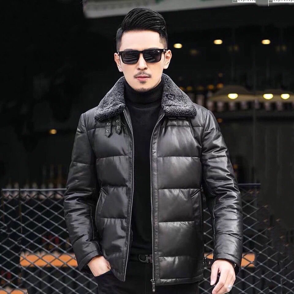 维蒙冬季新款真皮皮衣羽绒服绵羊皮翻领保暖皮夹克短款修身男外套