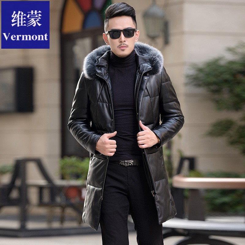 维蒙冬季海宁真皮皮衣男羽绒服中长款狐狸毛领连帽修身皮夹克外套