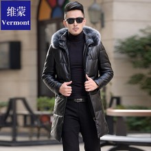 维蒙冬季海宁真皮皮衣男羽绒服中长款狐狸毛领连帽修身皮夹克外套