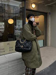 EAHO 日韩工装压纹设计街头权志龙军绿中长款大衣棉外套秋冬风衣