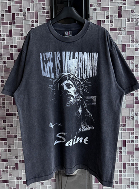 Saint Michael美式高街复古人像字母印花短袖男女水洗做旧圆领T恤