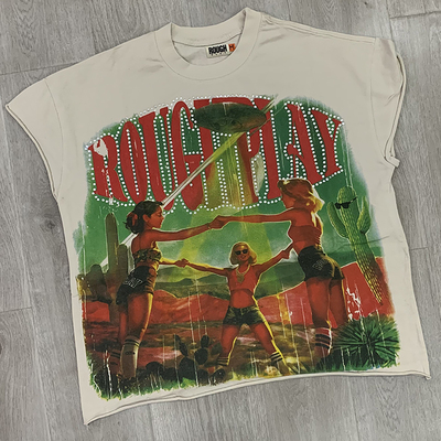 夏季新款复古少女的庆祝烫钻印花个性男女宽松休闲圆领无袖T恤潮