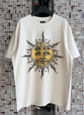 Saint Michael欧美高街太阳脸印花复古做旧美式休闲宽松男女短袖T