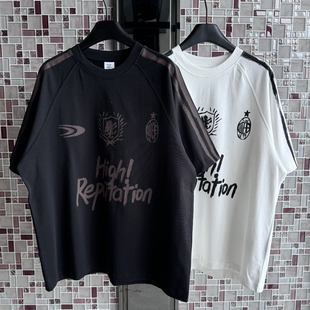 欧美街头手绘涂鸦字母印花复古做旧拼色条杠男女宽松嘻哈短袖T恤