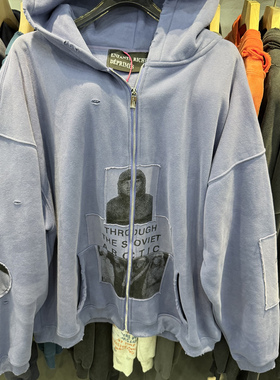 欧美高街忧郁的富二代贴布模糊图案印花破洞男女拉链连帽卫衣外套