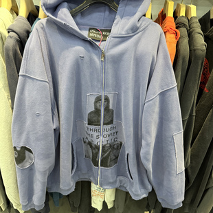 欧美高街忧郁的富二代贴布模糊图案印花破洞男女拉链连帽卫衣外套