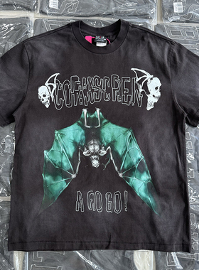 Saint Michael 美式搞怪骷髅蝙蝠图案印花做旧男女圆领短袖T恤潮