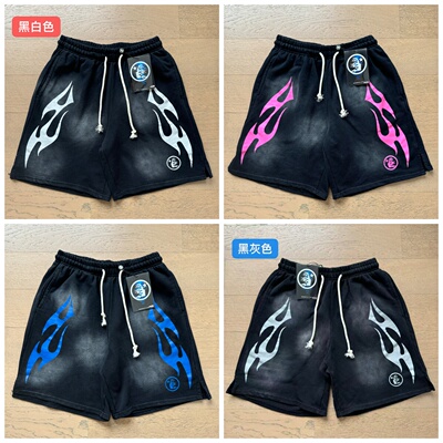 美式地狱之星火焰印花短裤高街水洗做旧宽松休闲毛圈五分裤男女潮