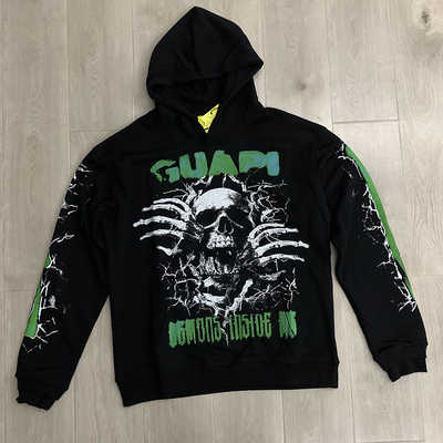 美式高街个性骷髅印花连帽卫衣帽衫男女嘻哈宽松休闲套头外套上衣