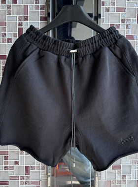 INS美式刺绣图案洗水做旧重磅抽绳宽松休闲个性毛边男女宽松短裤