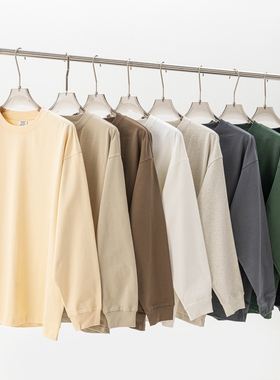 美式高街简约百搭纯色宽松长袖T恤男女oversize圆领打底衫上衣潮