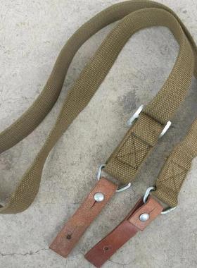 库存70年代土黄色帆布背带 双皮条器材背带双头皮战术带户外56式
