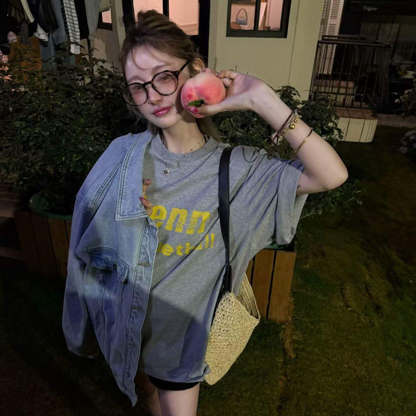 2026春新款宽松字母印花短袖T恤女高级感灰色潮酷休闲遮屁股上衣