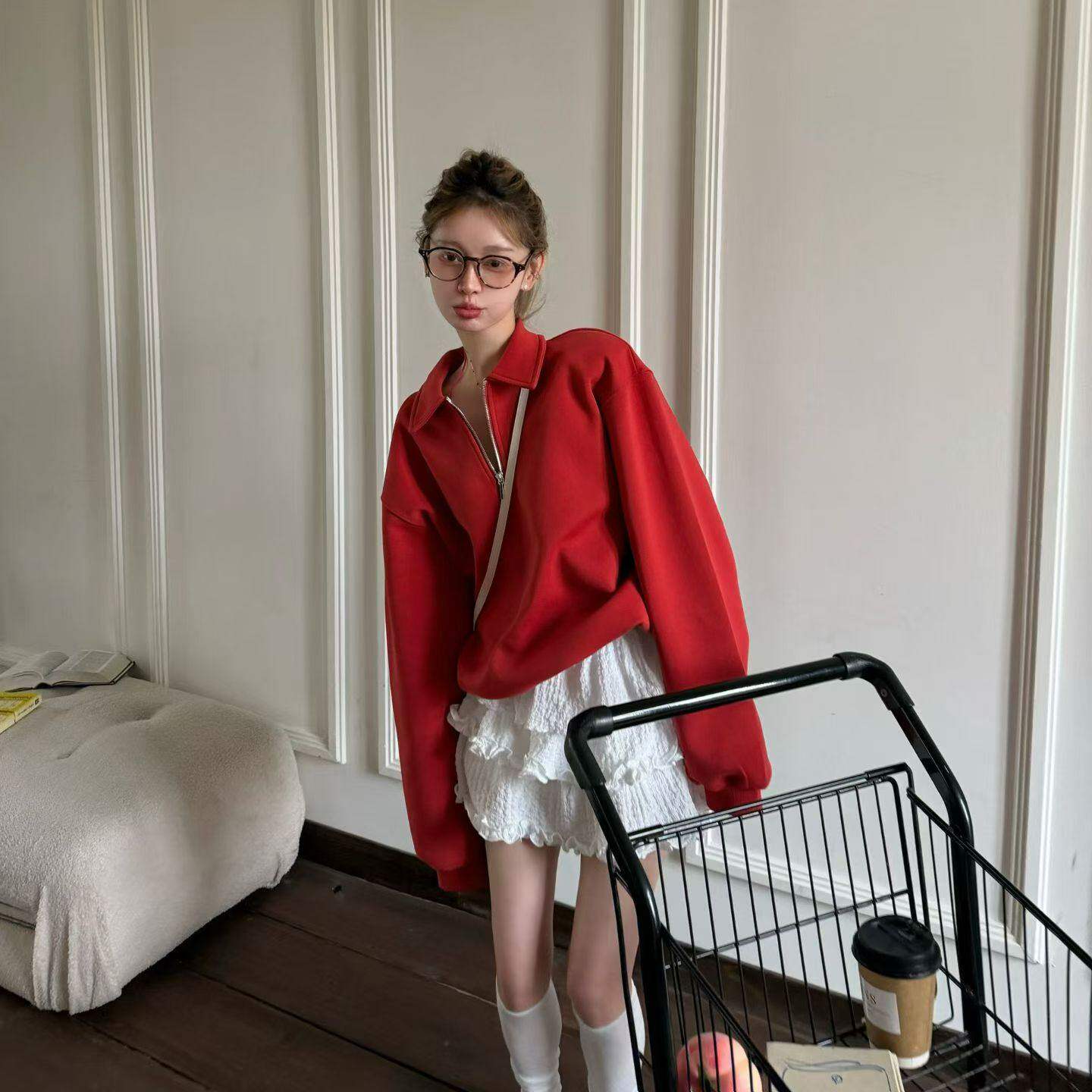 2026春季韩版学院风polo翻领半拉链宽松长袖卫衣女红色洋气上衣潮