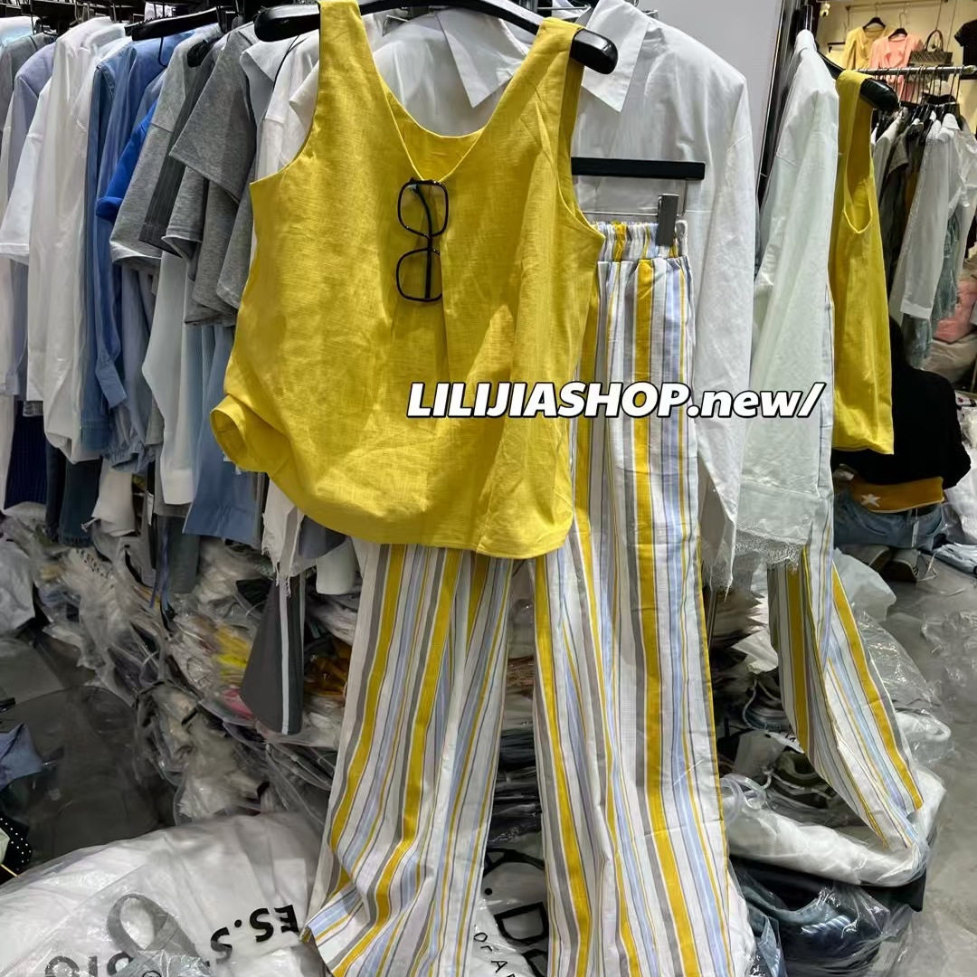 【五折】韩系穿搭一整套女夏季宽松显瘦无袖上衣搭配条纹阔腿裤潮