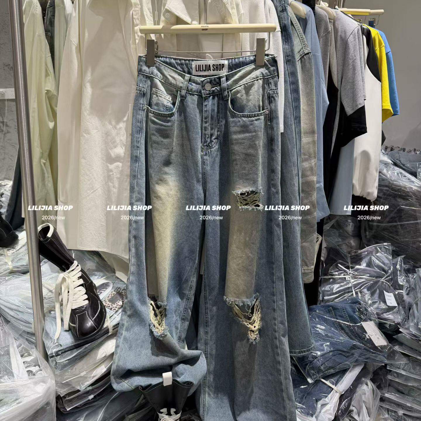 2026春季新款破洞牛仔裤女高腰阔腿裤宽松街头休闲风浅色水洗长裤