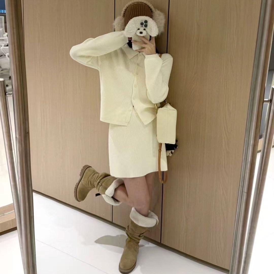 【五折】淑女风翻领针织衫半身裙两件套女季韩版气质显瘦短裙套装