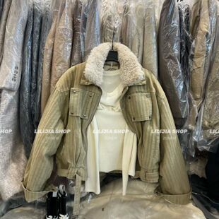 潮 风毛领牛仔外套女浅卡其宽松百搭羽绒内胆夹克2025冬季 韩版 工装