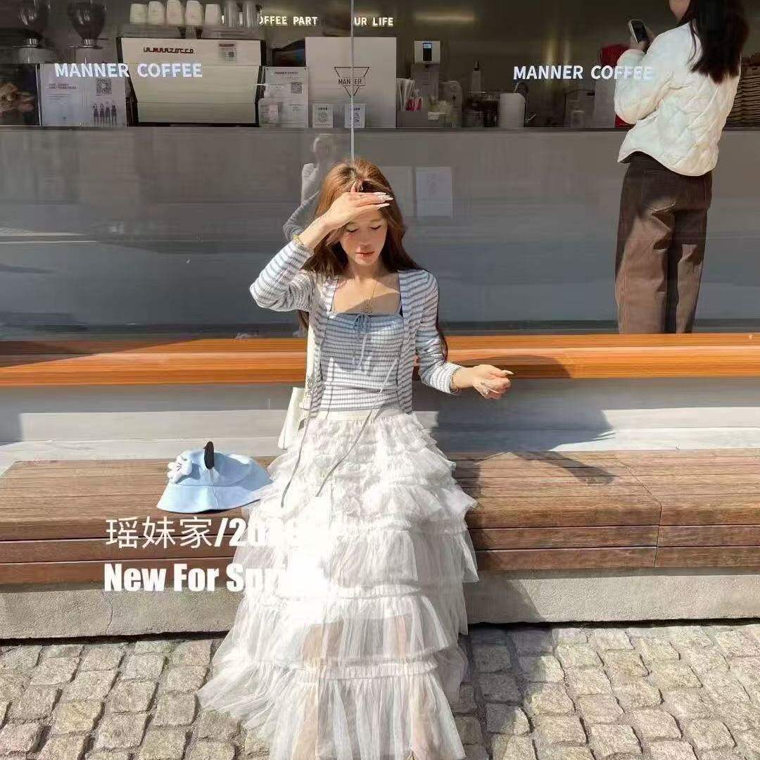 韩式高腰网纱蛋糕裙女2026春季白色蕾丝花边半身裙仙女长裙过膝裙