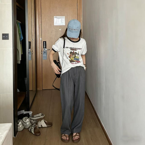 小个子条纹美式阔腿西装拖地裤女