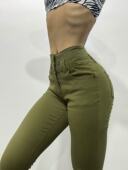 高腰高弹卡戴珊蜜桃臀军绿色3粒扣欧美性感辣妹牛仔长裤 女 小脚裤