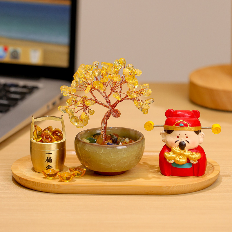 治愈系情绪稳定财神爷发财树摆件家用办公室佛系工位桌面装饰摆设