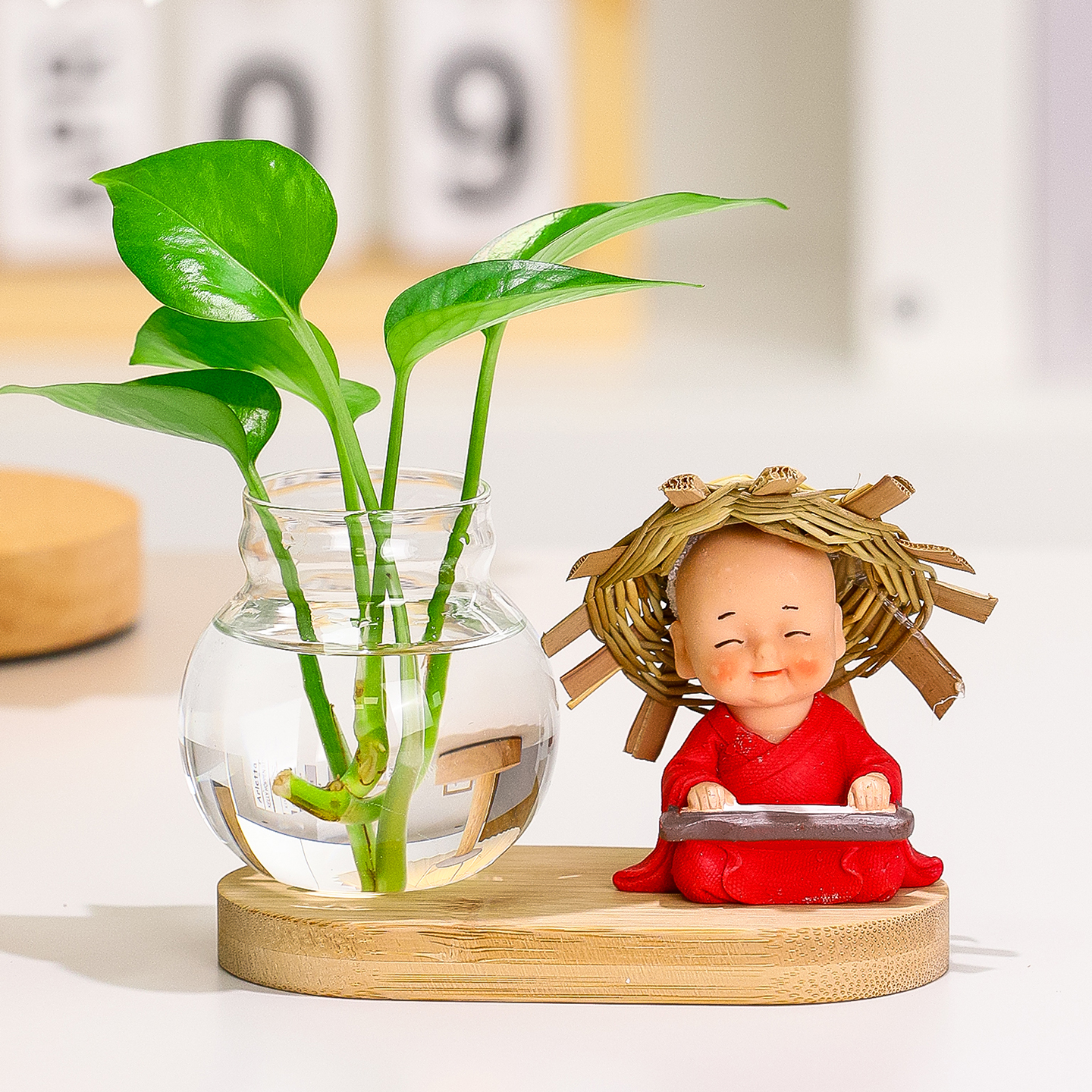 新草帽和尚绿萝木底水培花瓶器皿客厅玄关电视柜办公桌装饰品摆件