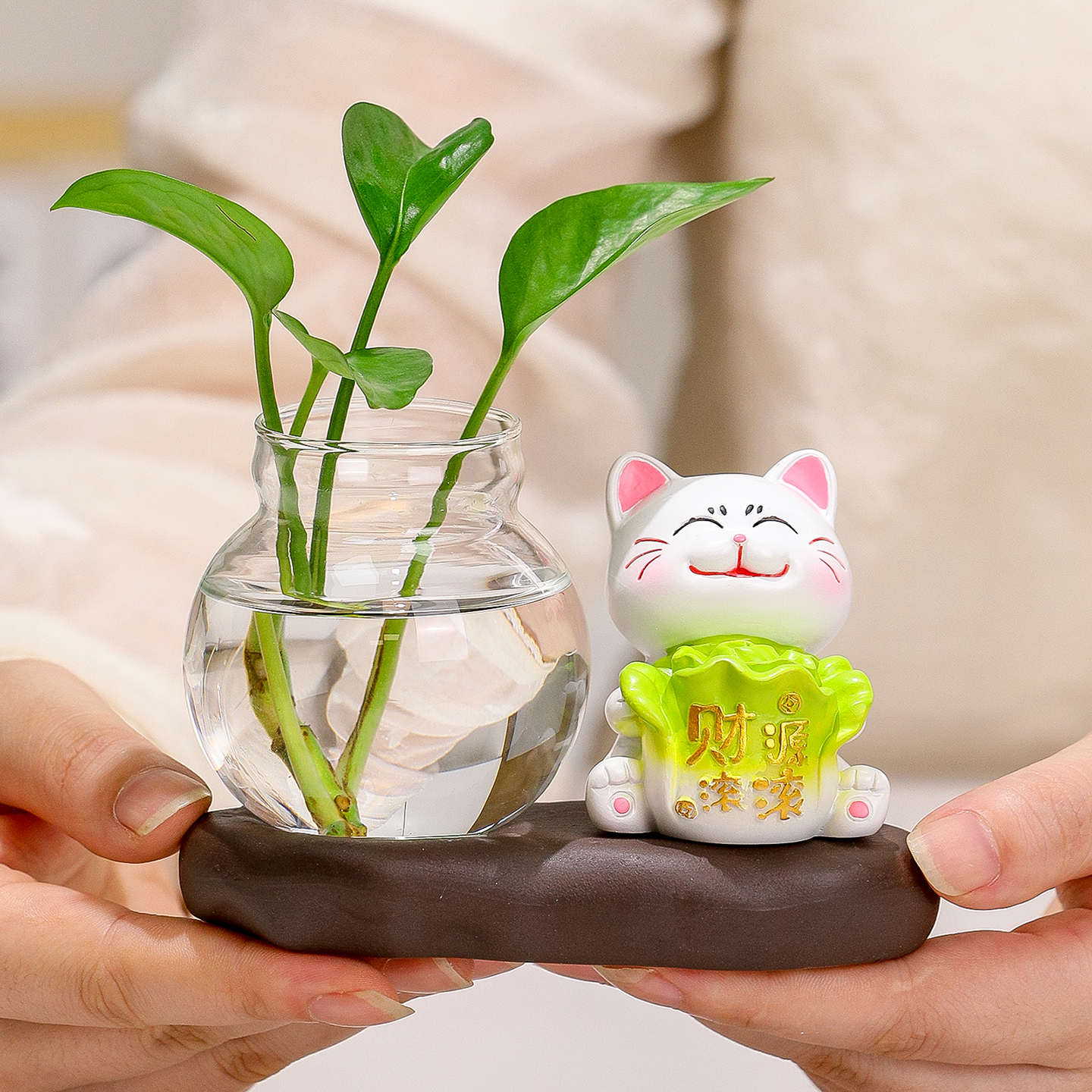 元氣招財貓擺件水培綠蘿花瓶花器水養(yǎng)綠植花瓶家居客廳桌面裝飾品
