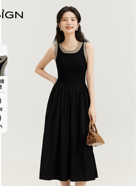 商场同款D.SIGN春季针织收腰无袖连衣裙黑色中长款吊带裙
