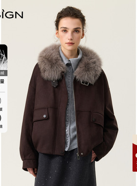 D.SIGN2025复古大毛领麂皮鹅绒夹克女短款毛领保暖外套冬季新款