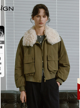 D.SIGN2025冬季羊毛皮+白鸭绒DSIGN毛领短款羽绒服女军绿色拉链冬