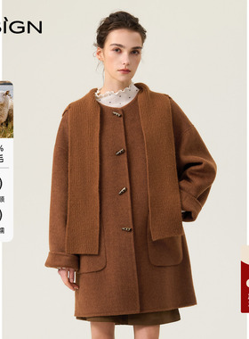 DSIGN绵羊毛中长款毛呢外套女通勤风圆领单排扣气质大衣
