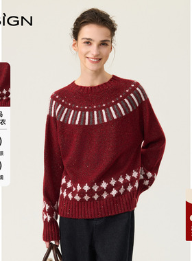商场同款D.SIGN2025冬季新款费尔岛提花毛衣女圆领复古针织衫红色