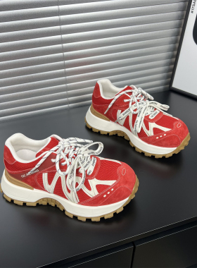 真皮小蛮腰厚底红色阿甘老爹鞋女2026春季新款网面透气休闲运动鞋