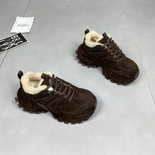 小个子增高运动休闲鞋 新款 女2025冬季 欧货磨砂真皮厚底加绒老爹鞋