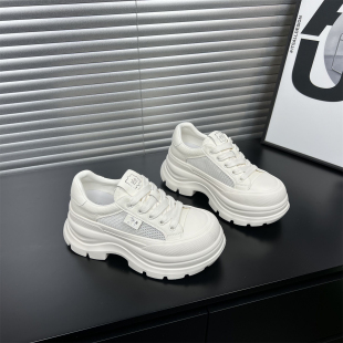 透气休闲板鞋 真皮轻便厚底松糕鞋 7cm增高网面时尚 新款 女2026夏季