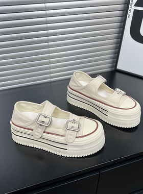 厚底松糕一字玛丽珍帆布鞋女2026夏季新款双扣带两穿休闲百搭板鞋