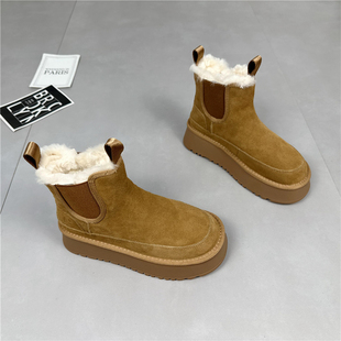 真皮羊毛雪地靴女2025冬季新款加绒保暖松糕厚底皮毛一体套筒棉靴