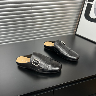 真皮英伦风流苏包头拖鞋女2026春夏新款平底一脚蹬外穿百搭半拖鞋