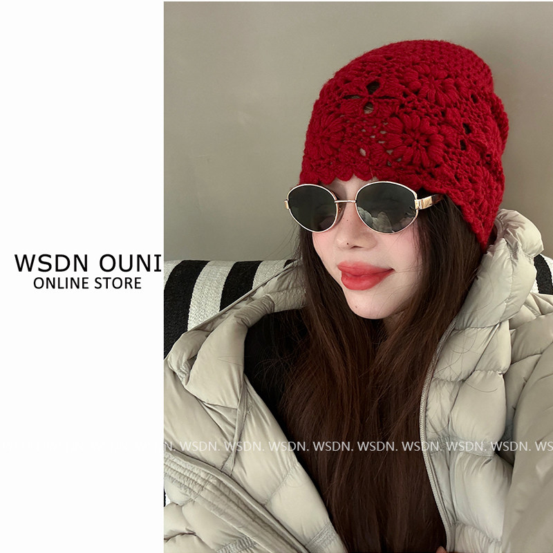 【一网情深】镂空手工编织100澳洲羊毛包头帽秋冬百搭显脸小冷帽