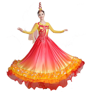 2020新款开场舞大摆裙演出长裙伴舞服过渡色舞台大气歌伴舞蹈服装