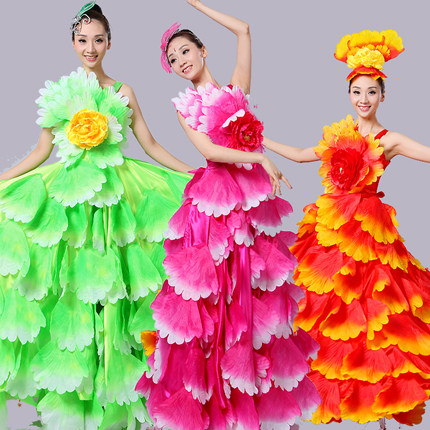 新款开场舞大摆裙晚会伴舞现代舞花瓣裙民族女成人舞台舞蹈表演服
