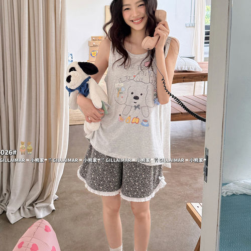 夏季甜美豹纹可外穿背心睡衣套装