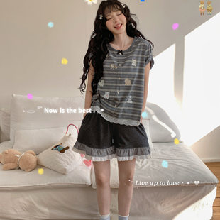 Aimar正品 家居服套装 小熊家睡衣女夏季 短裤 格子花边条纹短袖 Gill