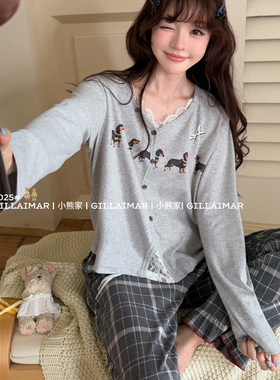 小熊家Gill Aimar蕾丝花边睡衣女秋季纯棉长袖长裤格子家居服套装